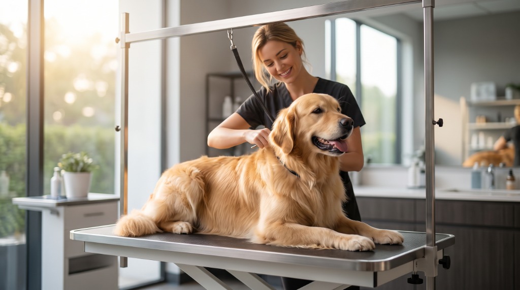 Tariq Pet Grooming Service - Professional groomer styling a Golden Retriever in North Nazimabad salon